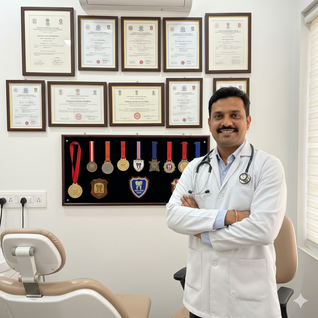 A dentist, who is considered best dentist in delhi, in white coat and stethoscope posing in front of his certificates, degrees, and awards.